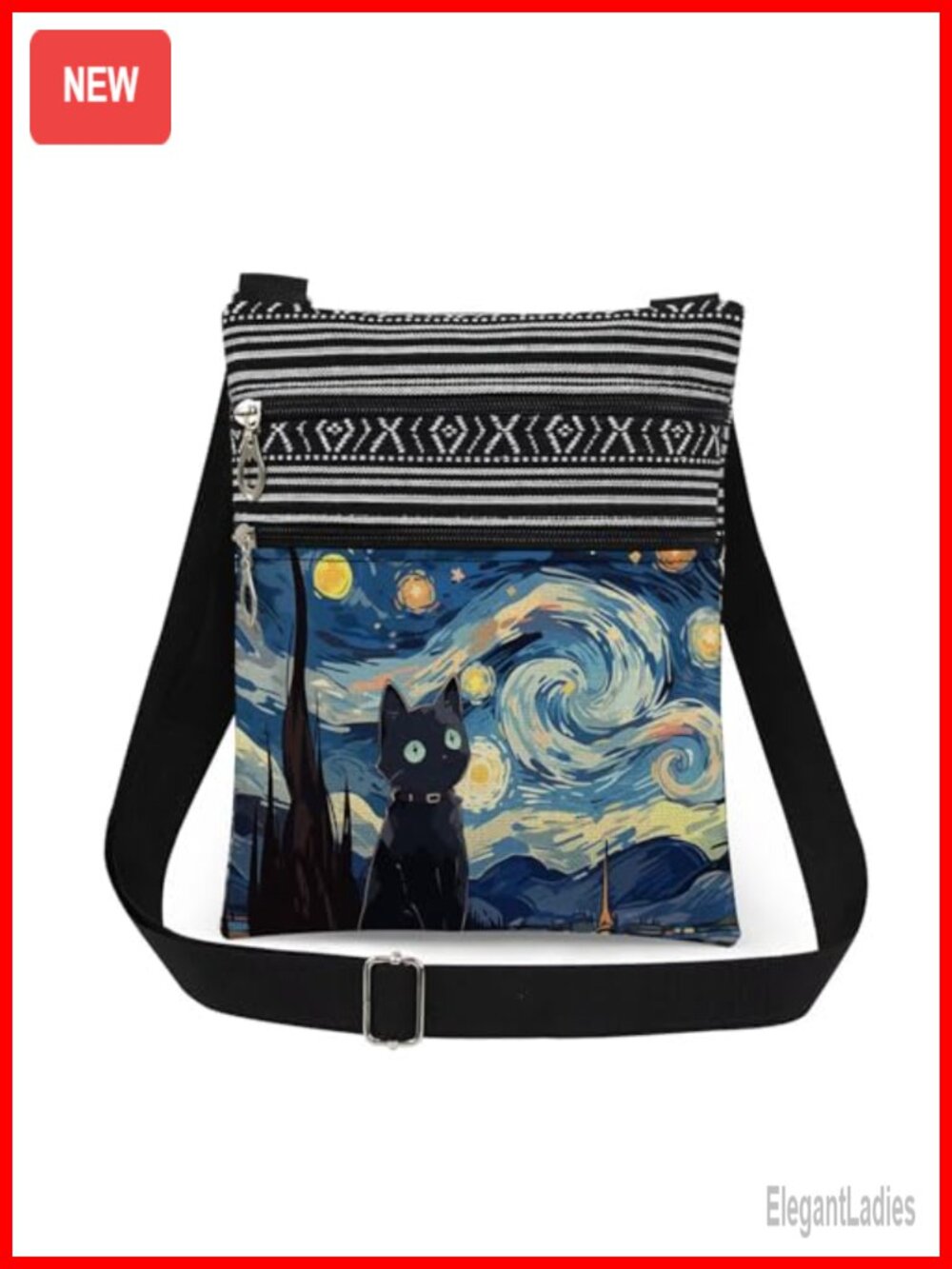 Cat Print Crossbody Bag Adjustable Strap Polyester Zipper Purse